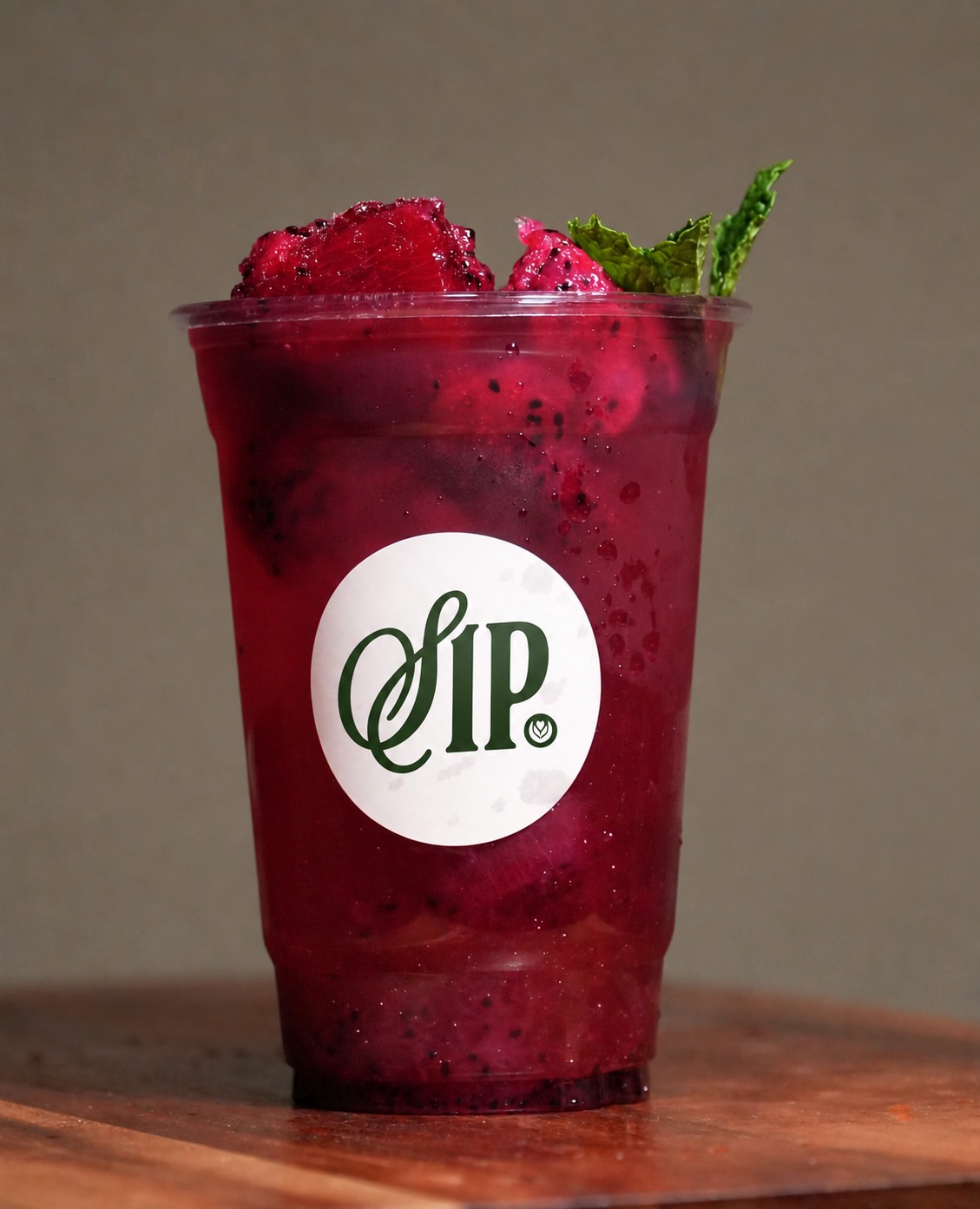 A mango dragon fruit mocktail topped with fruit and mint in a SIP. cup
